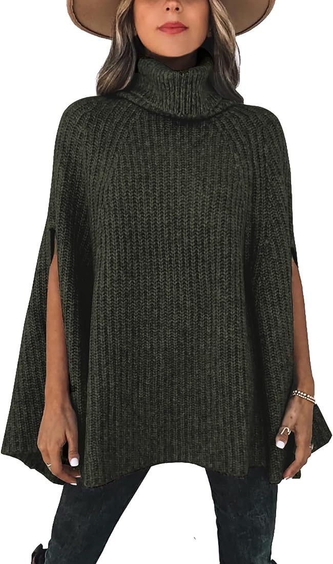 Women's 2023 Fall Winter Turtleneck Poncho Sweater Fashion Chunky Knit Cape Wrap Sweaters Pullove... | Amazon (US)
