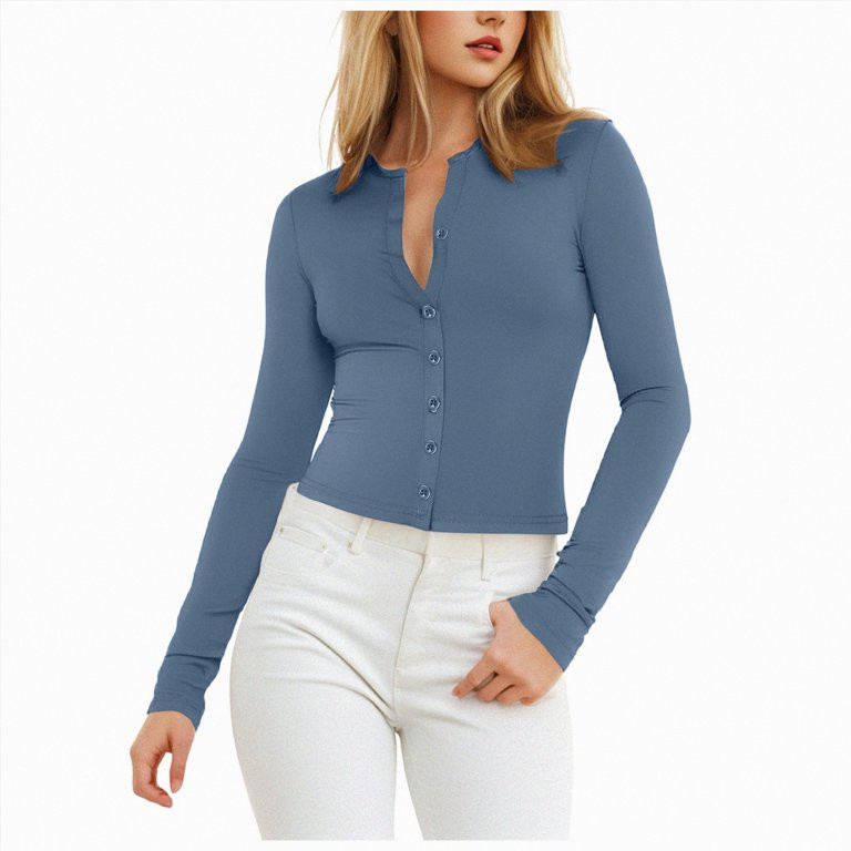 Kaprioy Womens Breathable Slim Fit Cropped Cardigan Button Up Long Sleeve Casual Sexy Basic Shirt... | Walmart (US)
