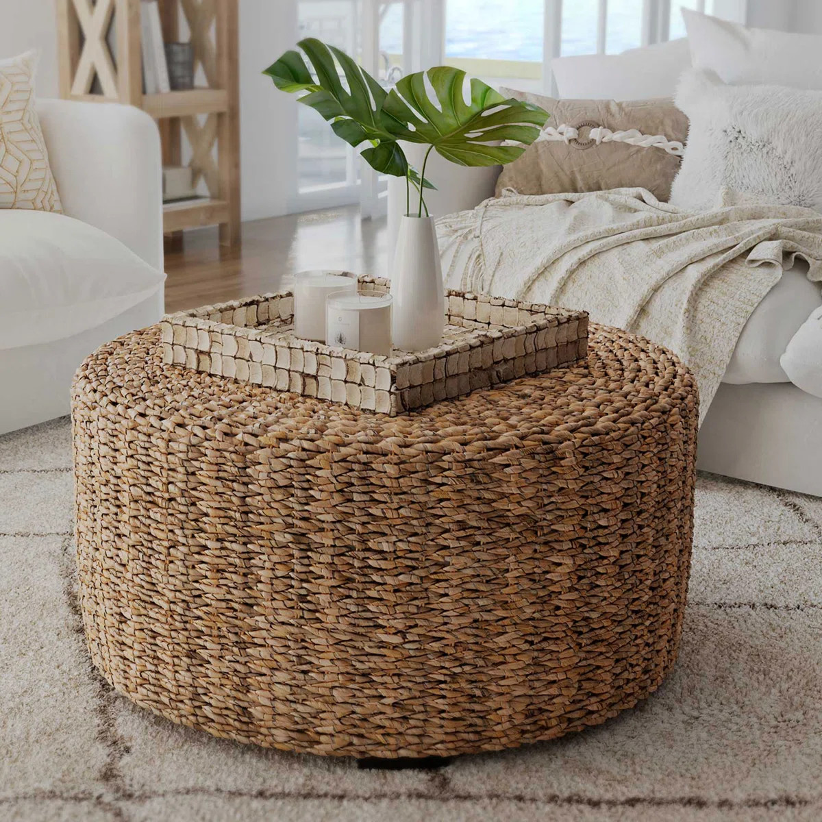34.25" W Round Handwoven Abaca Drum Coffee Table | Wayfair North America