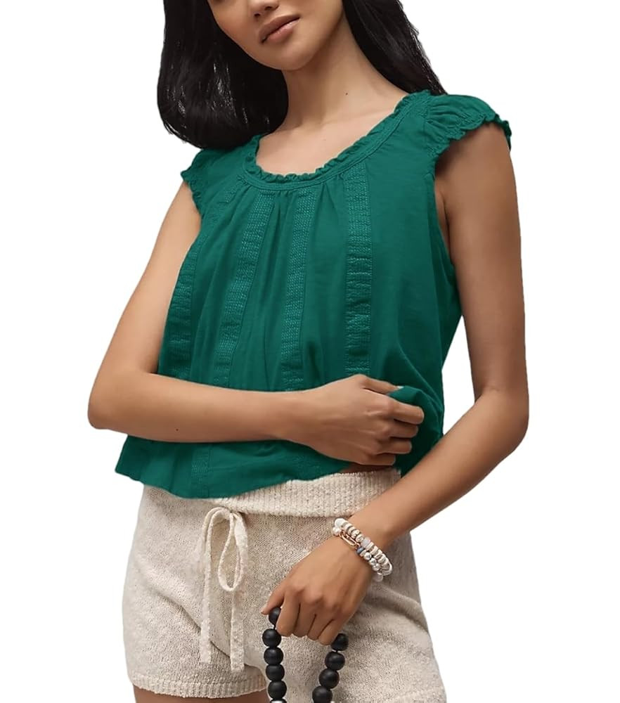 Women's Summer Ruffle-Shoulder Swing Tank Tops Pleated Peplum Crewneck Casual Tee Basic Loose Blo... | Amazon (US)