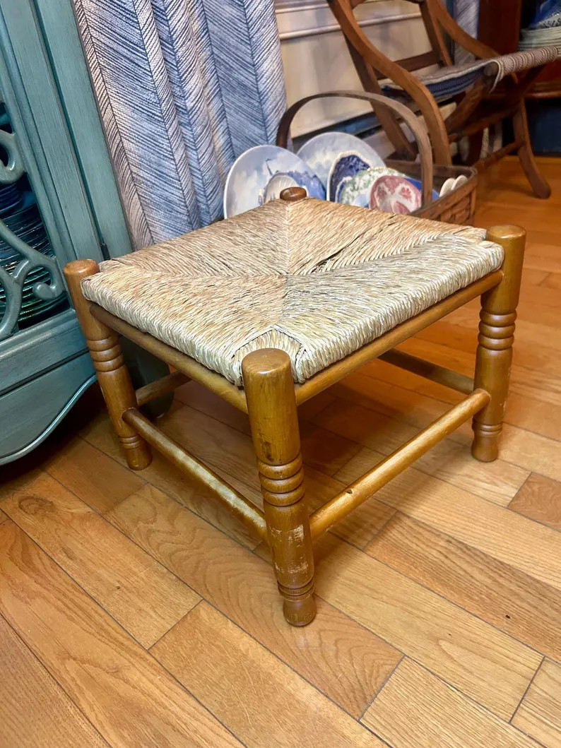 Vintage Rope Twine Rush Seat and Wood Footstool | Etsy (Global)