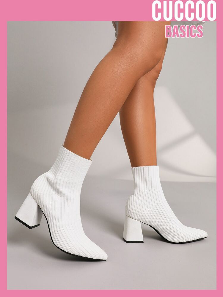 CUCCOO Basic Knit Detail Chunky Heeled Sock Boots | SHEIN