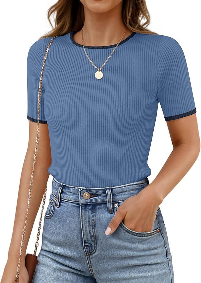 ZESICA Women's Summer Short Sleeve Ribbed Knit Slim Fit T Shirt 2025 Crewneck Basic Casual Color ... | Amazon (US)
