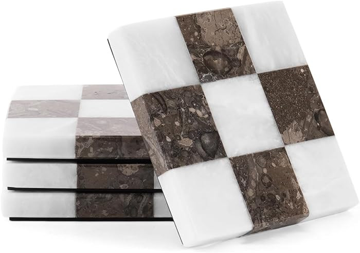 Marble Coasters Set of 4, White & Oceanic Handmade 4 inch Stone Coaster, Square Drink Checkered C... | Amazon (US)