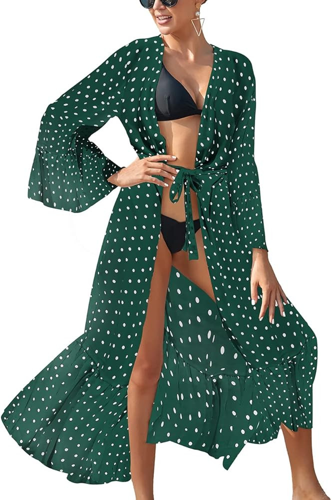 Bsubseach Women Chiffon Dot Print Beach Kimono Cardigan Long Bathing Suit Cover Up | Amazon (US)