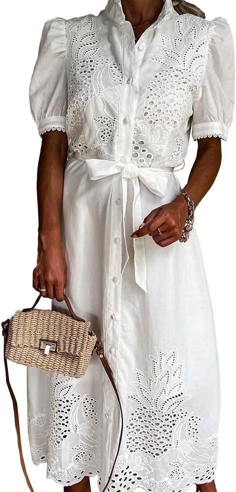 SOMTHRON Women's Embroidered Eyelet Shirt Dress Belted Puff Shirt Sleeve Button Down Boho Lace Sw... | Amazon (US)