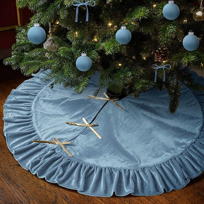 48 Inches Velvet Christmas Tree Skirt Haze Light Blue with Gold Bow Fur Plush Tree Skirt Luxury X... | Amazon (US)