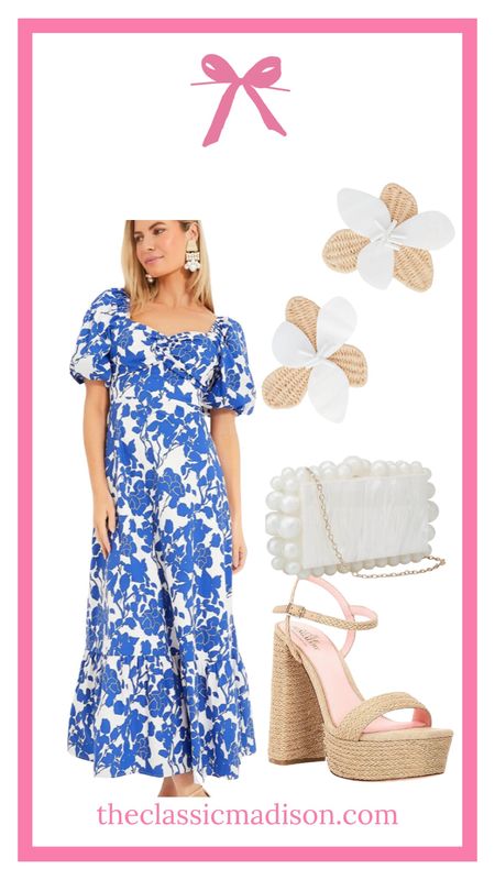 Blue and white puff sleeve midi dress with classic grandmillennial accessories 