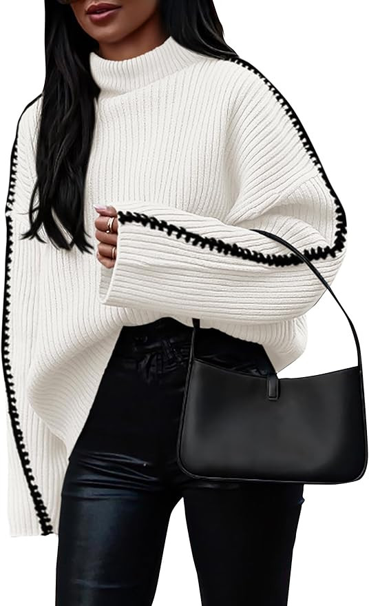 KIRUNDO Women's 2024 Fall Mock Neck Long Sleeve Ribbed Knit Contrast Stitching Oversized Chunky S... | Amazon (US)