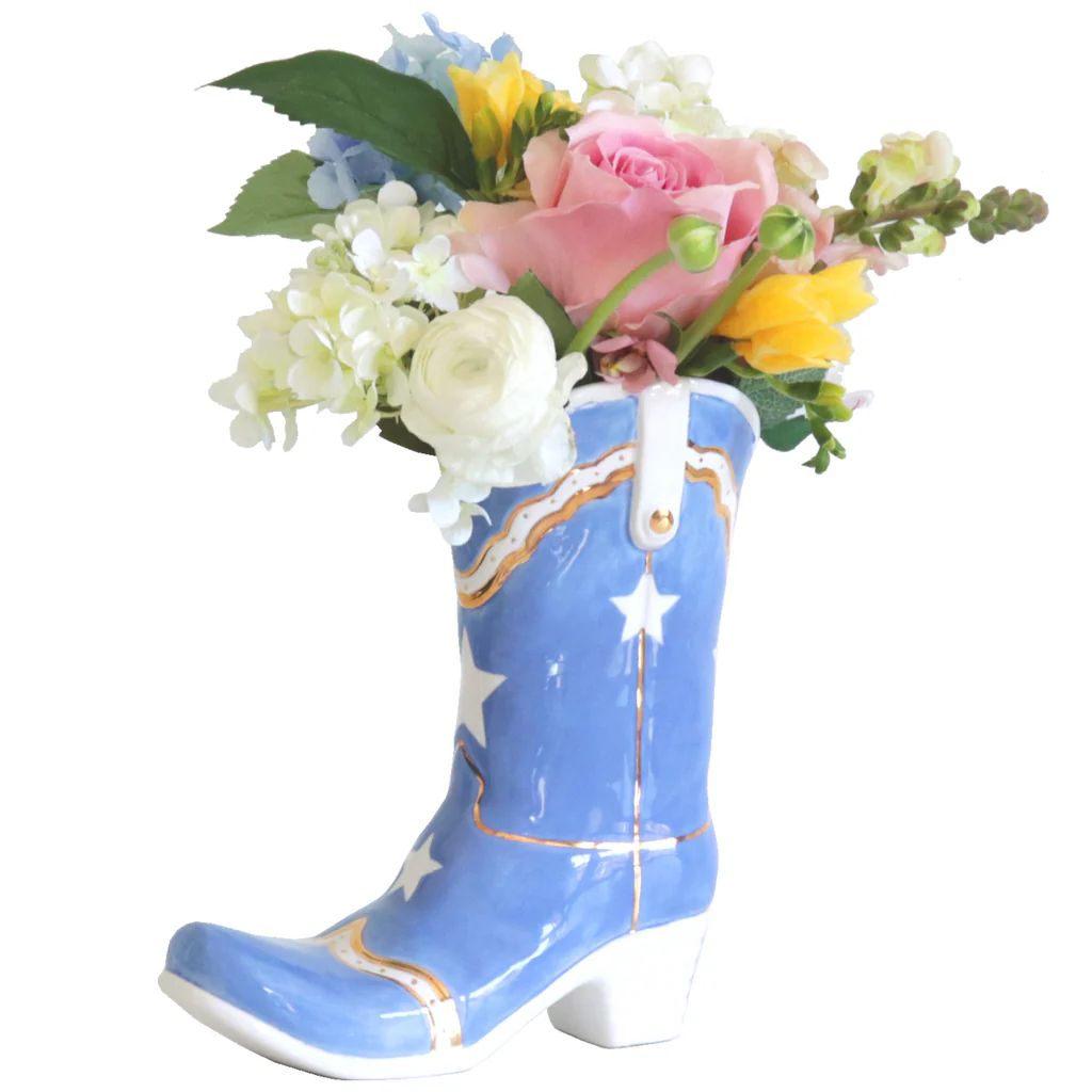 Cowboy Boot Vase with Stars for Lo Home x Katey McFarlan in French Blue | Lo Home by Lauren Haskell Designs