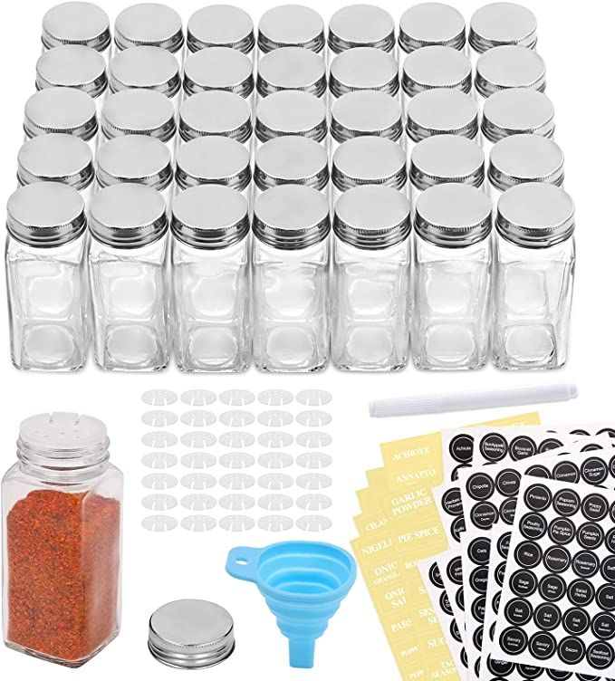 AOZITA 36 Pcs Glass Spice Jars with Spice Labels - 4oz Empty Square Spice Bottles - Shaker Lids a... | Amazon (US)