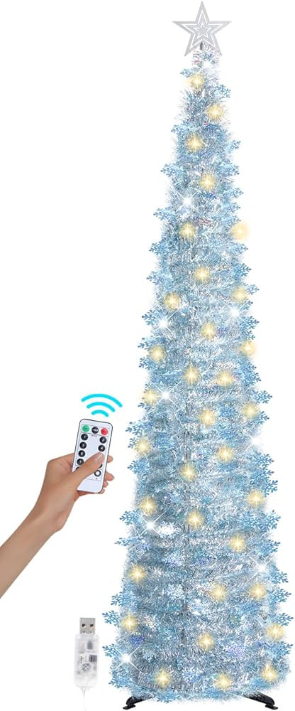 6 FT Pop Up Christmas Tree with 100 LED Timer Lights & Remote, Silver Collapsible Christmas Tinse... | Amazon (US)