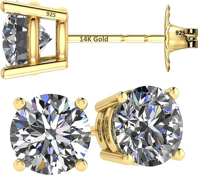 14K Solid Gold Post & Sterling Silver 4 Prong Pure Brilliance Zirconia CZ Stud Earrings 1.00ctw -... | Amazon (US)
