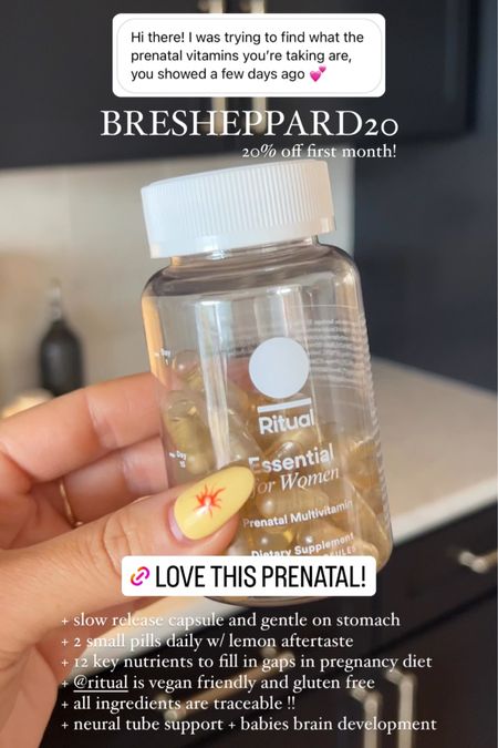 Bresheppard20 for 20% off your first month of my prenatals - been loving taking them. Lemon aftertaste & 2 small capsules daily 

#LTKbeauty #LTKbump #LTKsalealert