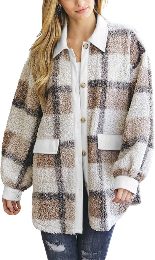 uoDim Womens Plaid Shacket Jacket Long Sleeve Button Down Fuzzy Teddy Jacket Coat Fall Winter Out... | Amazon (US)