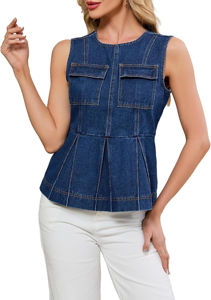 Kedera Denim Vest Crew Neck Sleeveless Crop Tank Tops for Women Ruffle Hem Jean Vest Top 2025 Sum... | Amazon (US)