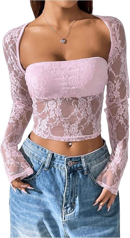 OYOANGLE Women's Floral Lace Square Neck Crop Tees Hollow Out Long Sleeve Sheer Slim Fit Party To... | Amazon (US)