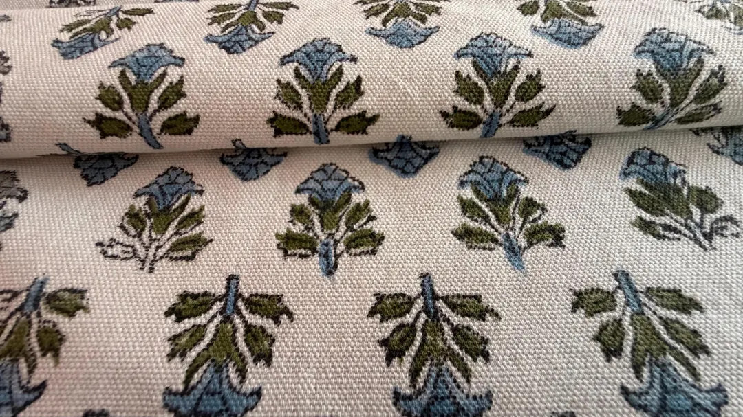 Blue Green Block Print Fabric Cotton Fabric by the Yard | Hand Block Printed Curtain & Upholstery... | Etsy (US)