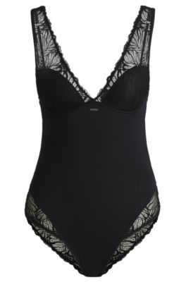 Lace-trim bodysuit with logo detail- Black Women's Underwear, Pajamas, and Socks size M | Hugo Boss (US)