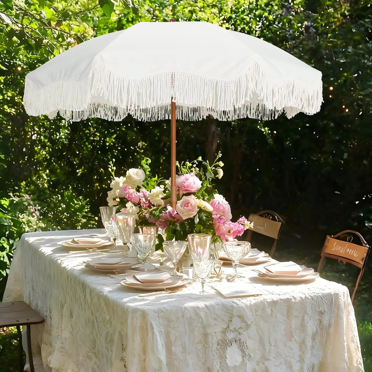 East Urban Home 6.5Ft Boho Fringe Outdoor Umbrella, UPF50+ Picnic Umbrella With Tassels Steel Pol... | Wayfair North America