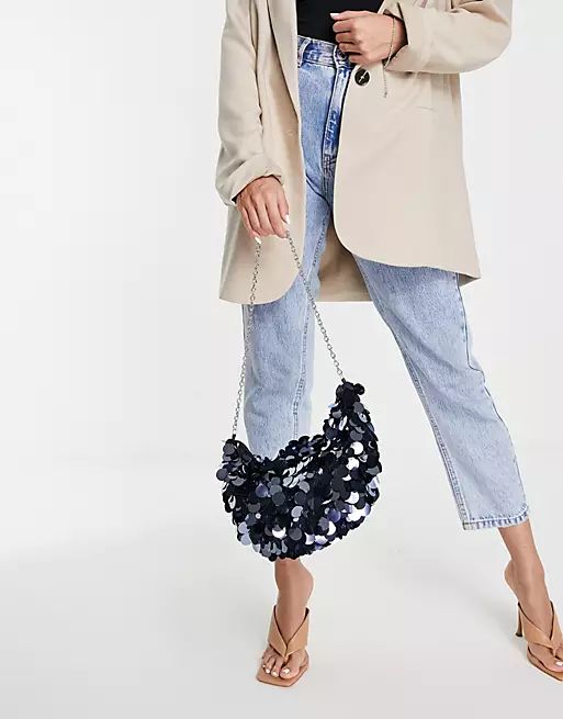 ASOS DESIGN clutch bag with large sequin discs and chain handle in petrol blue | ASOS | ASOS (Global)