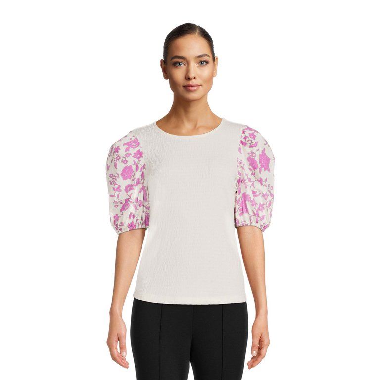 The Get Women’s Mixed-Media Top with Puff Sleeves | Walmart (US)