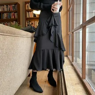 Lace-Trim Ruffled Maxi Skirt | YesStyle Global