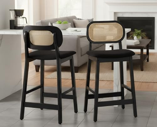 EALSON Counter Height Bar Stools Set of 2 Rattan Back Farmhouse Barstools Mid Century Modern Wood Bar Chairs Comfortable Sherpa Upholstered Kitchen Island Chairs for Pub/Breakfast, Black | Amazon (US)