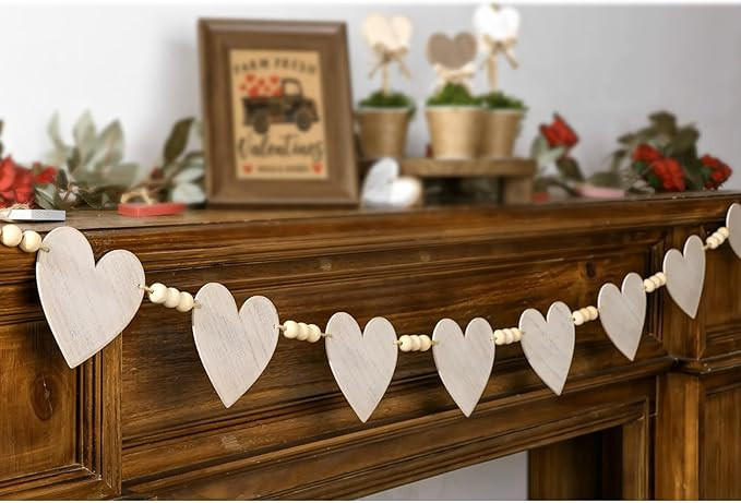 Valentines Garland: Rustic White Wooden Hearts with Wood Beads Valentine's Day Garland, Vintage B... | Amazon (US)