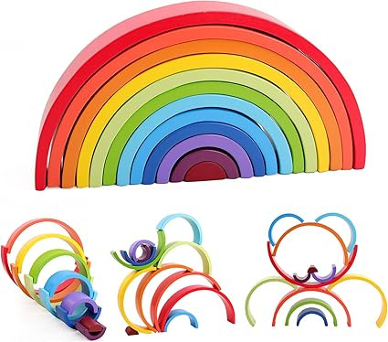 QZM Wooden Rainbow Stacker, Extra Large 12 Pcs Stacking Game, Nesting Puzzles Building Blocks Edu... | Amazon (US)