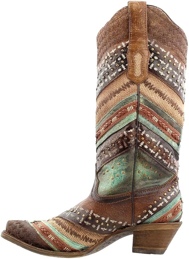 Corral Boots Womens Southwest Tooled-Inlay & Studs Snip Toe Casual Boots Mid Calf Mid Heel 2-3" -... | Amazon (US)