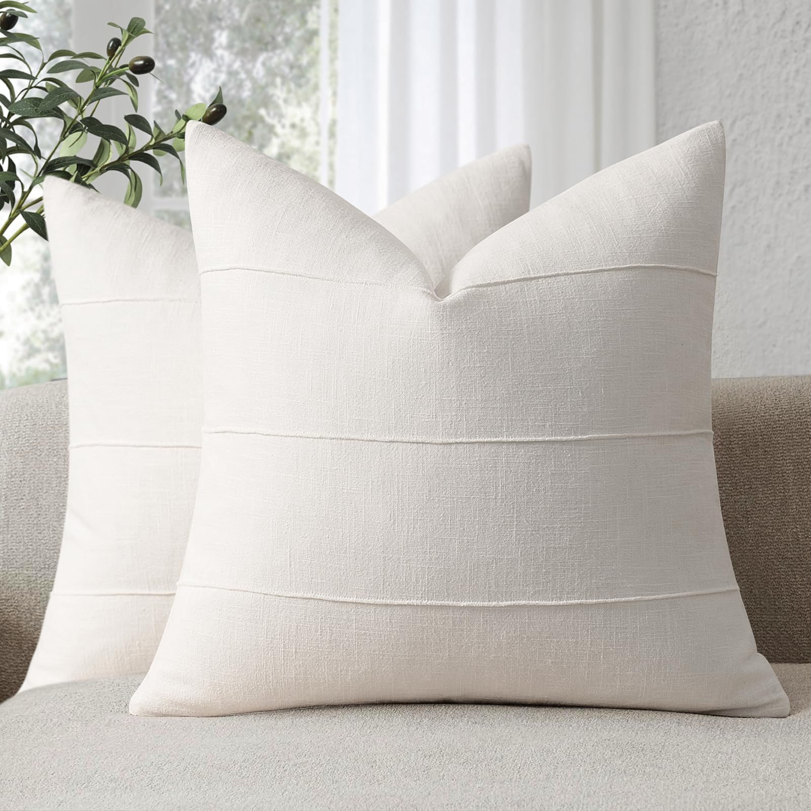Decorative Linen Throw Pillow Covers 24x24 Set of 2 Solid handcrafted Striped Cushion Covers for Bed Soft Modern Farmhouse Neutral Pillowcase for Couch Bedroom Living Room Home Decor(Cream White) | Amazon (US)