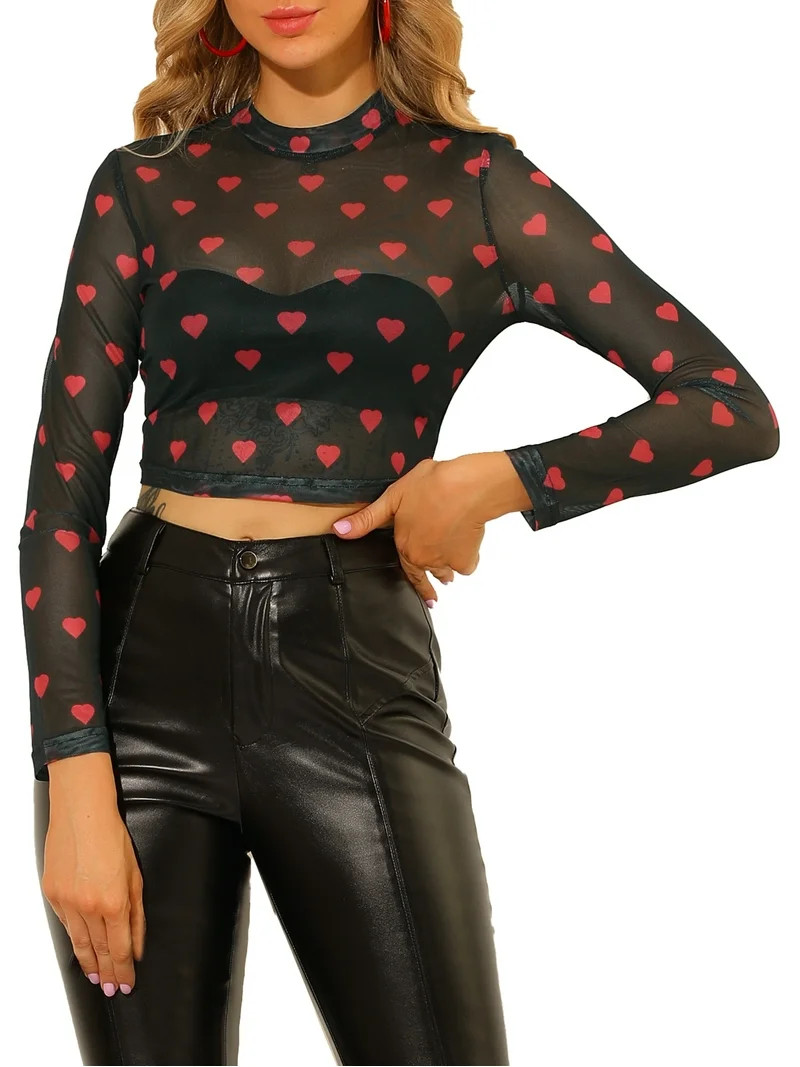 INSPIRE CHIC Women's Semi-Sheer Heart Crop Top Party Crew Neck Mesh Blouse XS Black | Walmart (US)