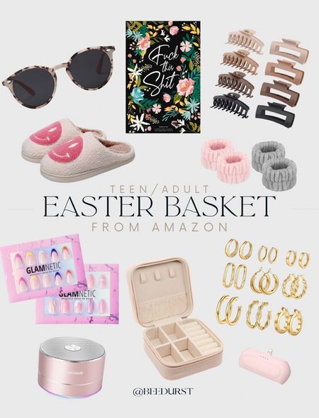 Easter basket goodies for your teen or adult bff! Who says Easter baskets are just for kids?!

Sunglasses, press-on nails, slippers, claw clips, earrings, traveling jewelry case, portable charger, portable speaker, journal, gag gift, adult gift, wristband towels, 

#LTKunder50 #LTKbeauty #LTKSeasonal