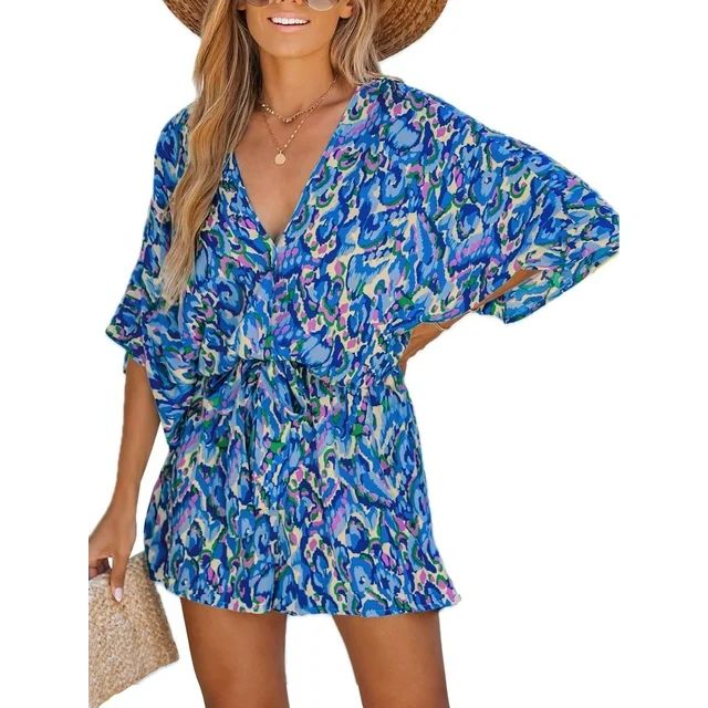 Cupshe Women's Blue Lace Up Leopard Print Romper Short Sleeves Jumpsuits Wide leg Outfit | Walmart (US)