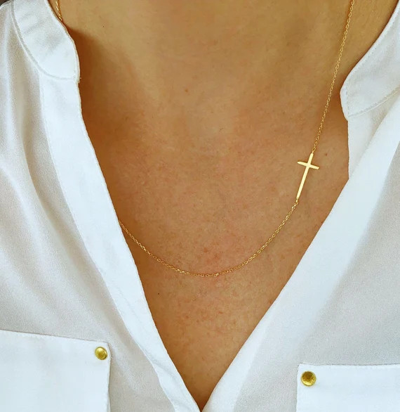 cross necklace, sideways cross necklace, gold cross necklace, dainty jewelry, gifts for her, reli... | Etsy (US)