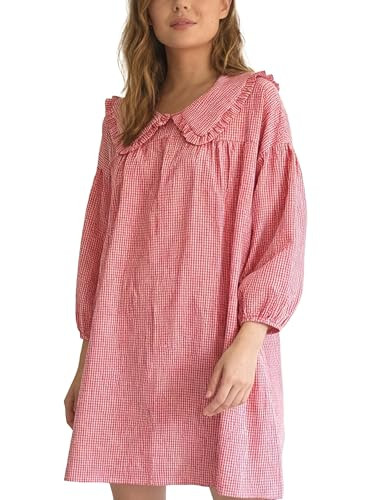 Ynhonra 2025 Women's Babydoll 3/4 Puff Sleeve Plaid Mini Dress Lapel Doll Collar Loose Y2k Dress(... | Amazon (US)