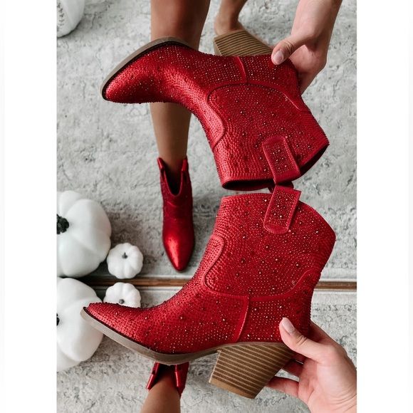 NEW Red Western Style Bedazzled Cowboy Ankle Boots | Poshmark
