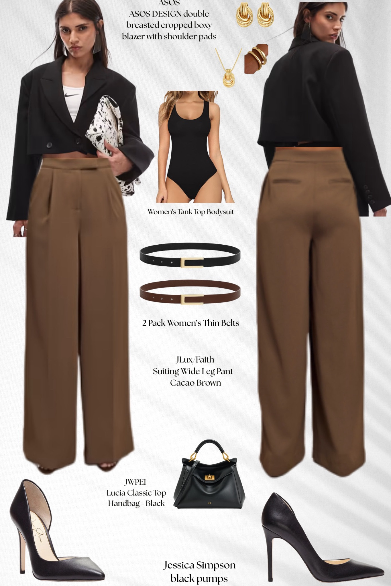 Effortlessly polished with a little edge 🤎✨Wide-leg brown trousers, black bodysuit, cropped blazer + classic Jessica Simpson pumps. 

#LTKSaleAlert #LTKootd #LTKMothersDay