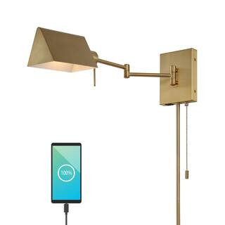 JONATHAN Y Arlo 22 in. 1-Light Brass Gold Farmhouse Industrial Single Swing Arm Plug-In/Hardwired... | The Home Depot