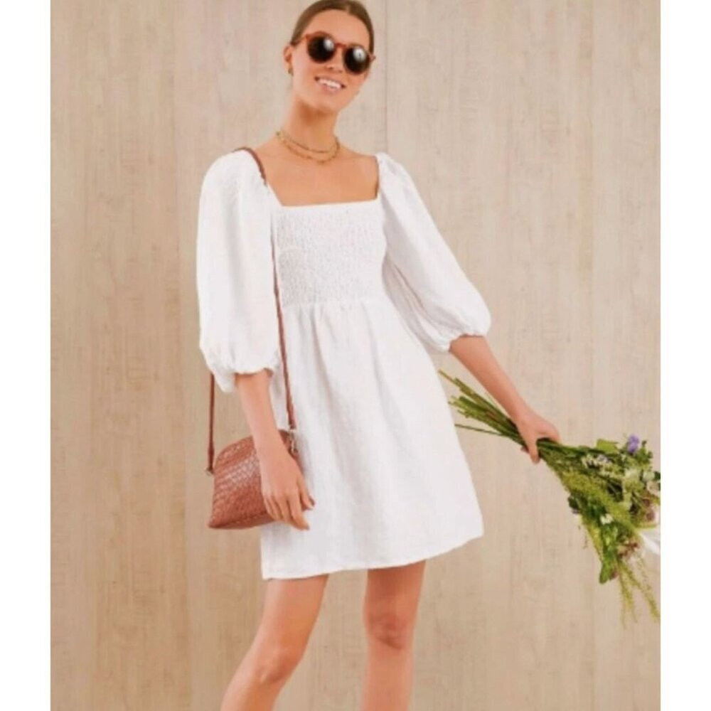 Tuckernuck Annie Smocked Mini Linen Dress in White Medium Puff Sleeves | Poshmark