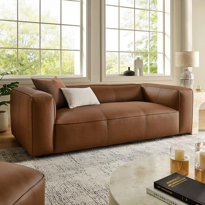 Modway Auren Vegan Leather Sofa in Coffee - Faux Leather Couch - Comfy Modern PU Leather Sofa - O... | Amazon (US)