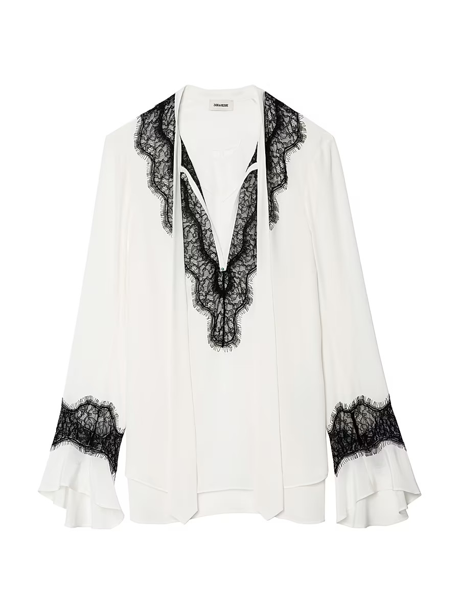 Women's Tuan Contrast Lace Silk Blouse - Flake - Size Large | Saks Fifth Avenue