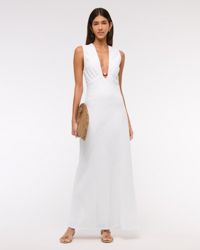 Beaded Plunge Linen-Blend Maxi Dress | Abercrombie & Fitch (US)