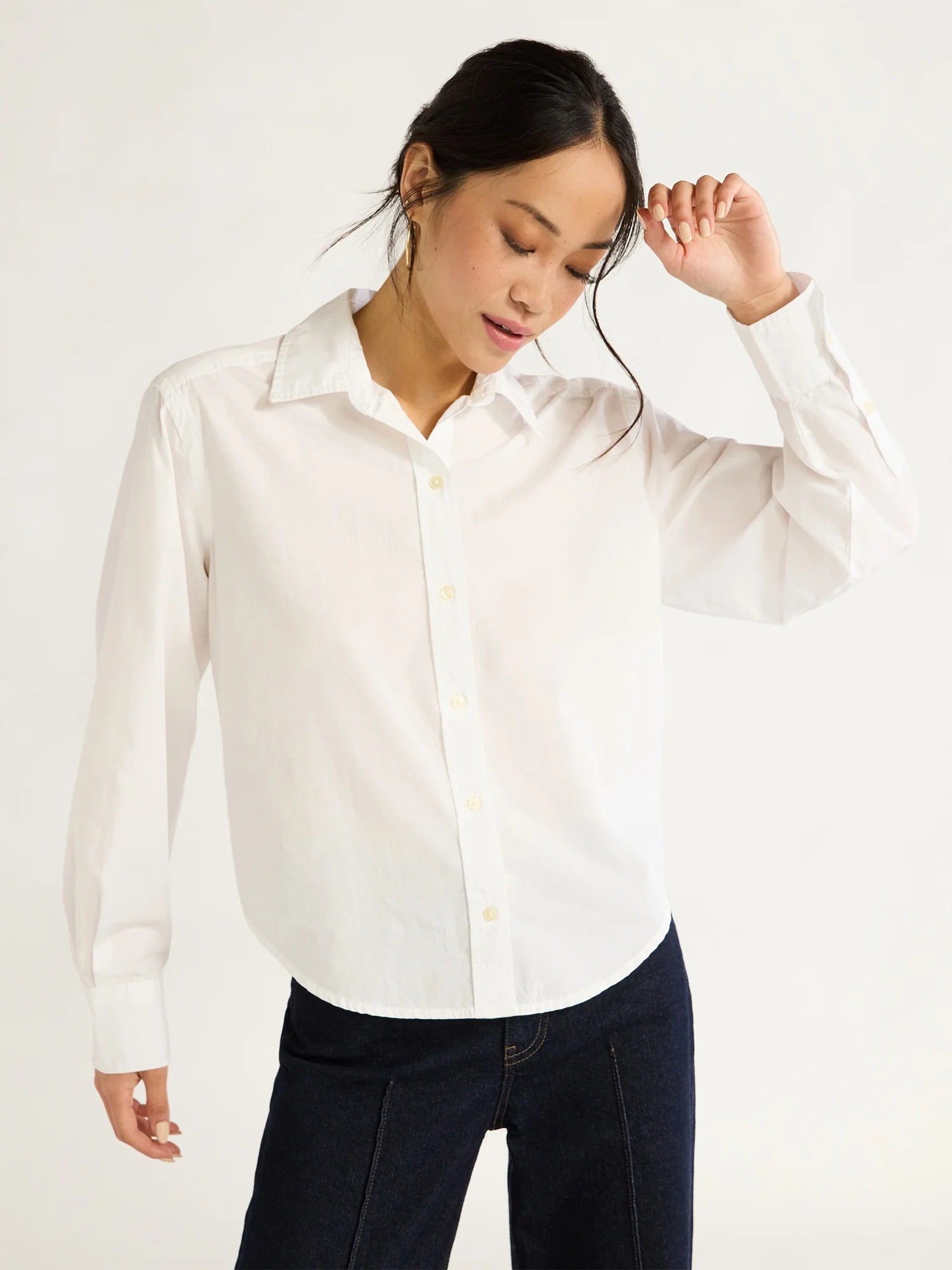 Free Assembly Women’s Cotton Cropped Button Down Shirt with Long Sleeves, Sizes XS-XXL | Walmart (US)
