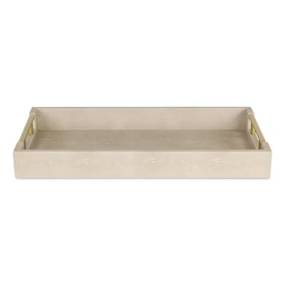 HomeRoots 16" Cream Wood and Vinyl Faux Shagreen Serving Tray With Gold Handles | Target
