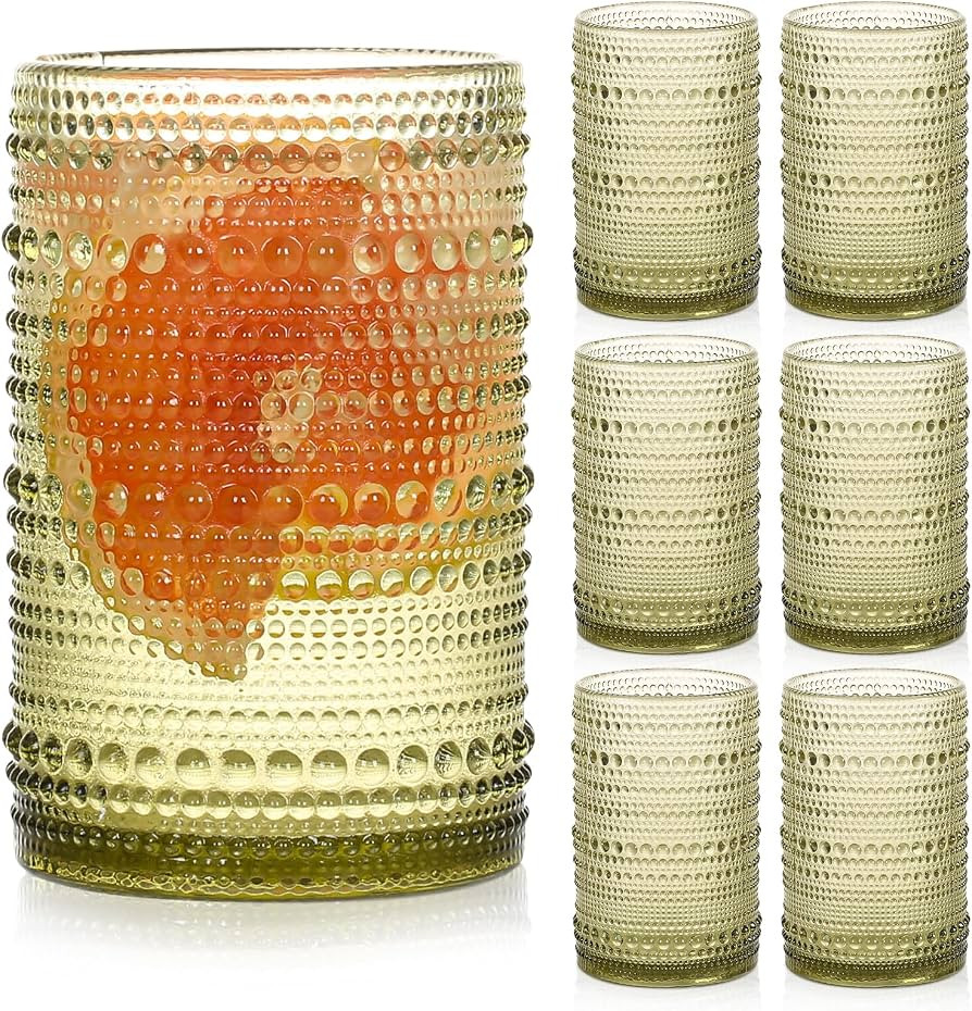 Bandesun Romantic Green Highball Glasses Set of 6, 15 oz Hobnail Glassware, Embossed Vintage Drin... | Amazon (US)