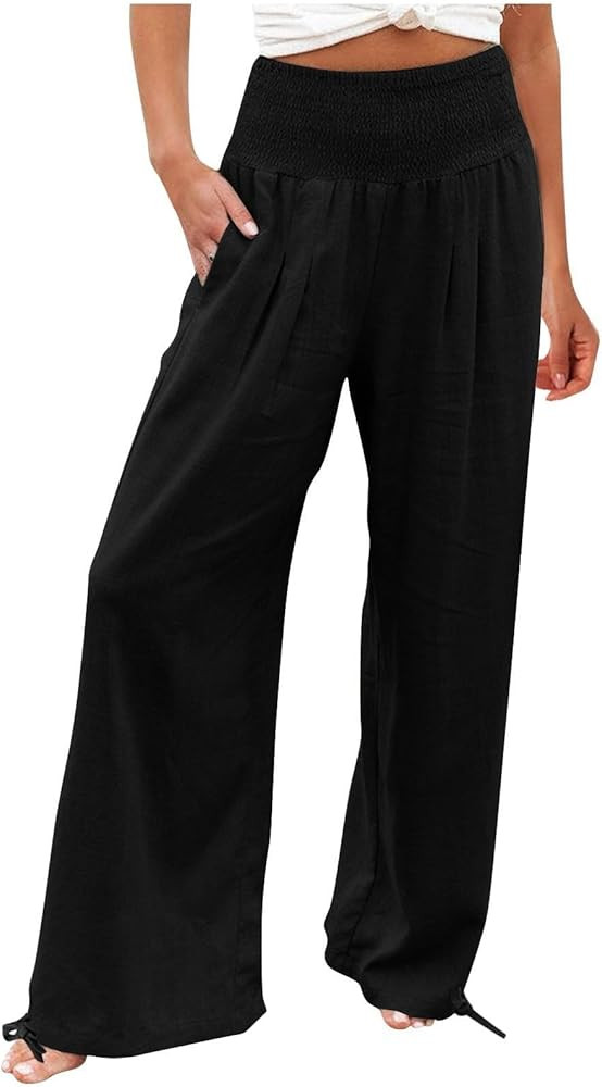 Linen Wide Leg Pants Women Summer Casual Drawstring Elastic High Waist Trousers Resort Wear Beach... | Amazon (US)
