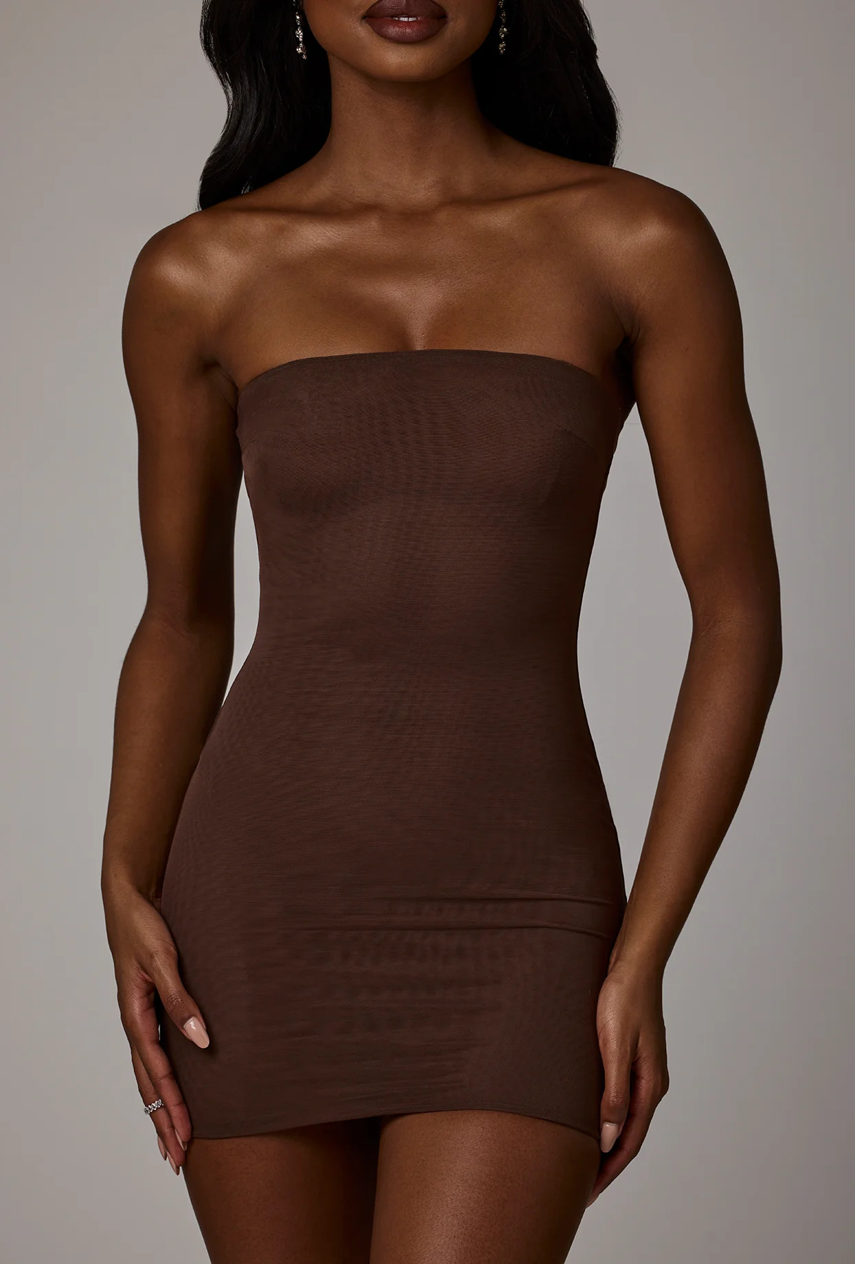 Soft Mesh Mini Slip Dress in Deep Cocoa | Oh Polly