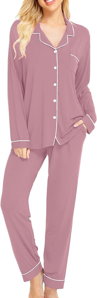 SWOMOG Womens Pajamas Set Long Sleeve Sleepwear Button Down Nightwear Soft Cotton Pj Lounge Sets | Amazon (US)